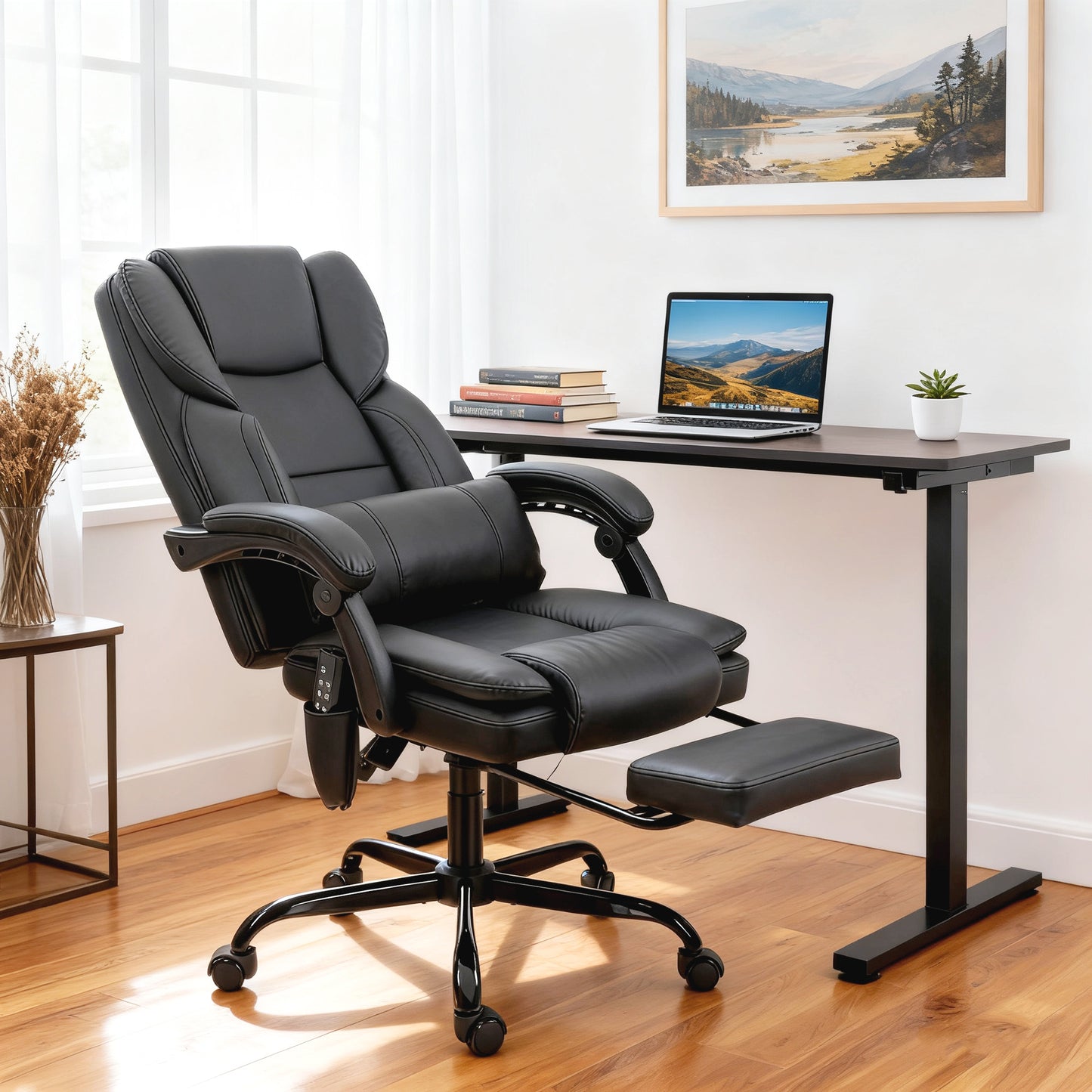 Office Chair With Massage, Pet-Friendly Faux Leather Reclining Desk Chair With Lumbar Support, Footrest, Black