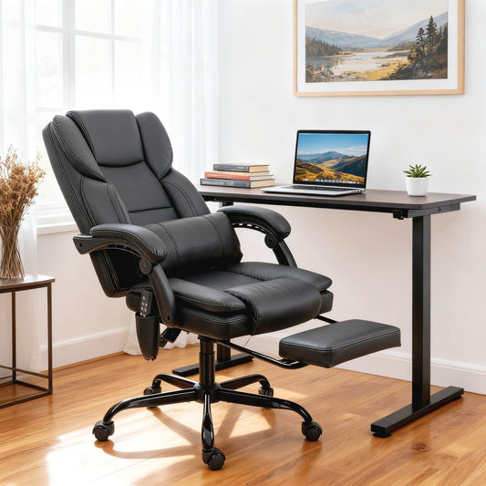 Office Chair With Massage, Pet-Friendly Faux Leather Reclining Desk Chair With Lumbar Support, Footrest, Black