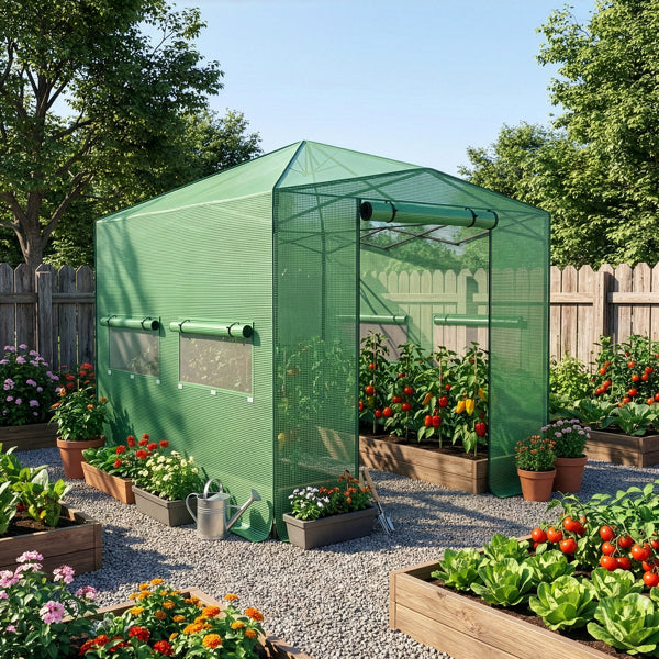 8 X 12ft Plastic Sprayed Iron Pipe PE Mesh Foldable Greenhouse Shed Green