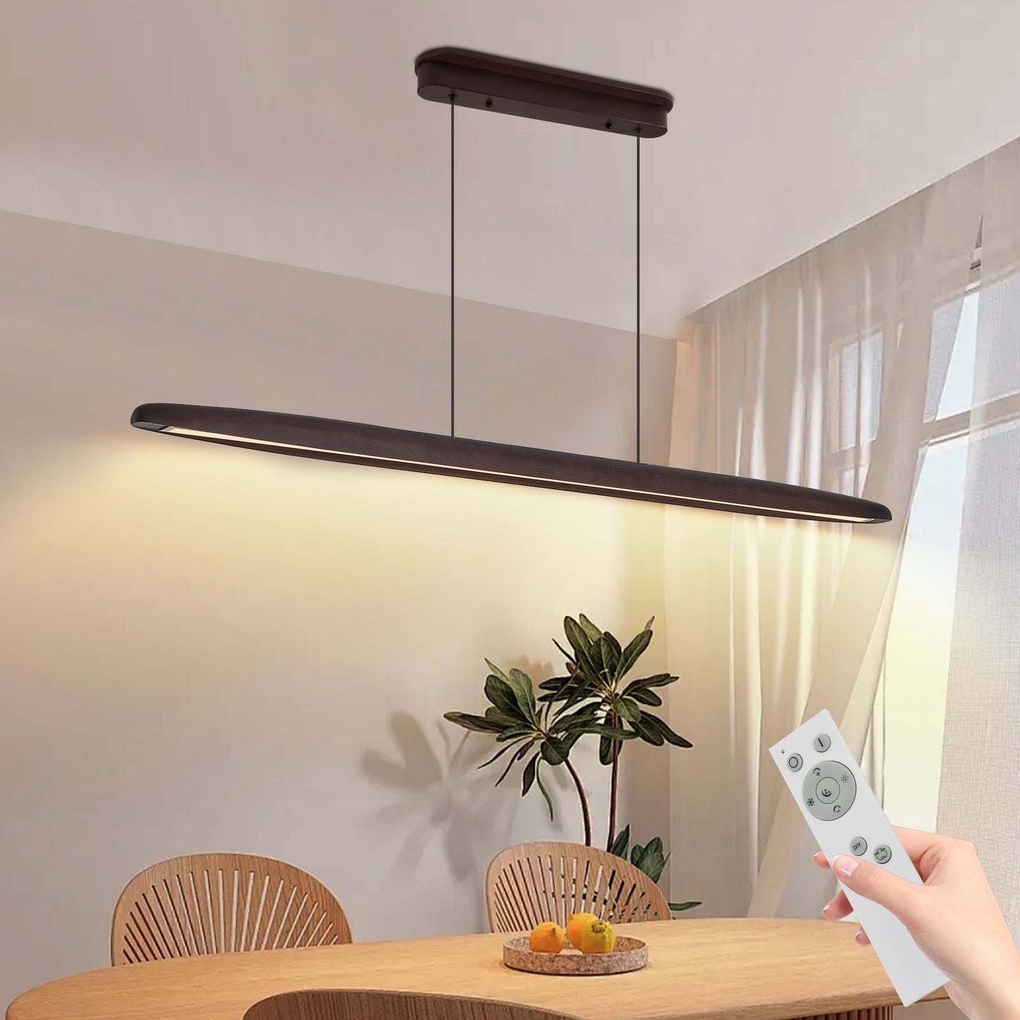 51-inch Streamline Wooden LED Pendant Light With Remote Control, Adjustable Hanging Light For Dining Room, Kitchen, Living Room  Contemporary Walnut Wood Finish