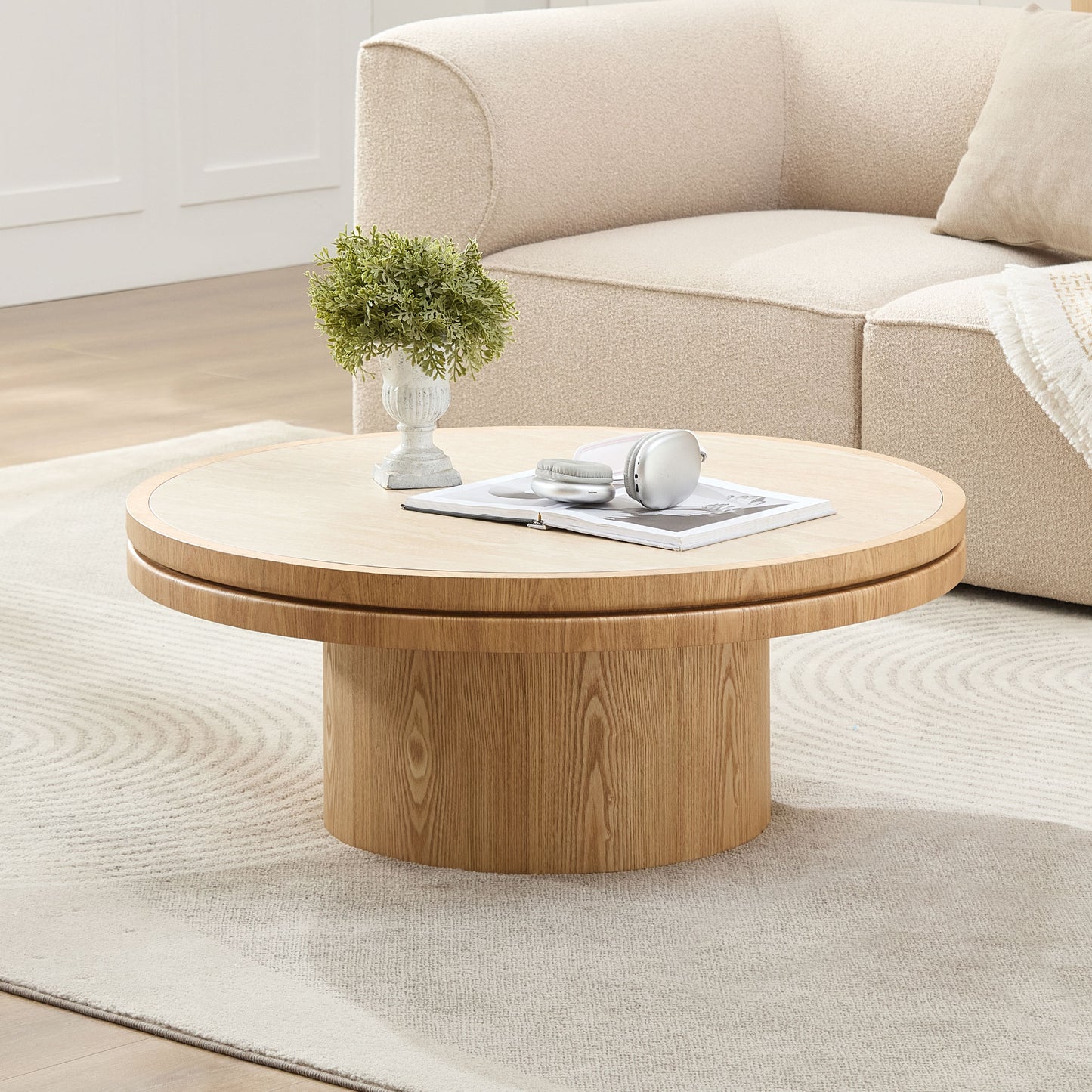 35.43 Inch Coffee Table Sintered Stone Tabletop With Sturdy MDF Pedestal For Living Room  Bedroom, Reception Room Apartment Easy Assembly