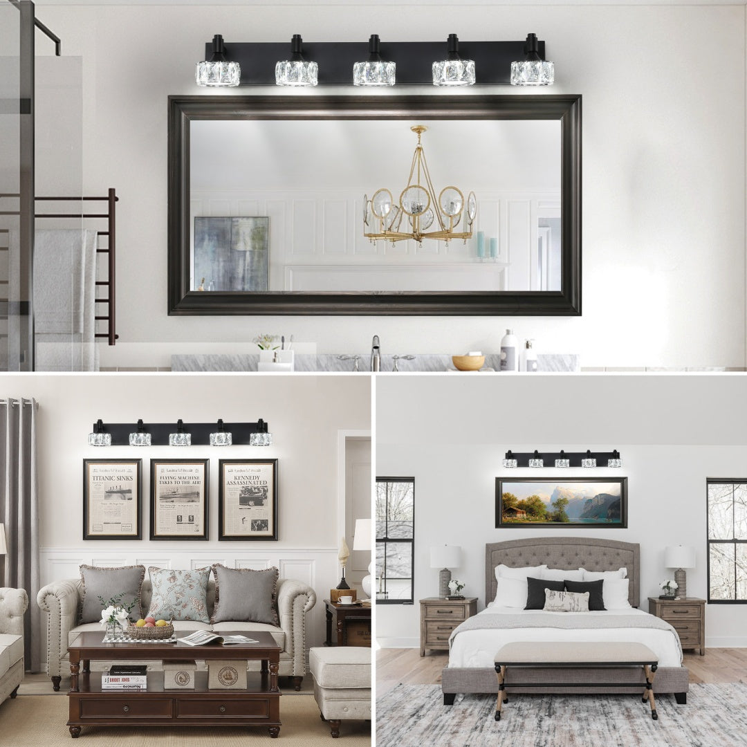 Modern 5-Light Matte Black LED Vanity Light Fixture With Crystal Glass Shades, Bathroom Wall Sconce For Elegant And Contemporary Home Decor