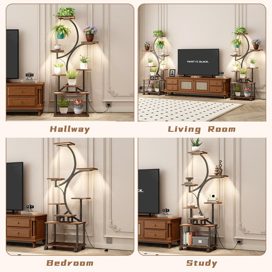 Plant Stand Indoor With Grow Lights - 62 Tall Plant Shelf, Lighted Corner Plant Stands For Indoor Growing, 8 Tiered Large Flower Holder, S-Shaped Decorative Rack For Living Room WALNUT COLOR