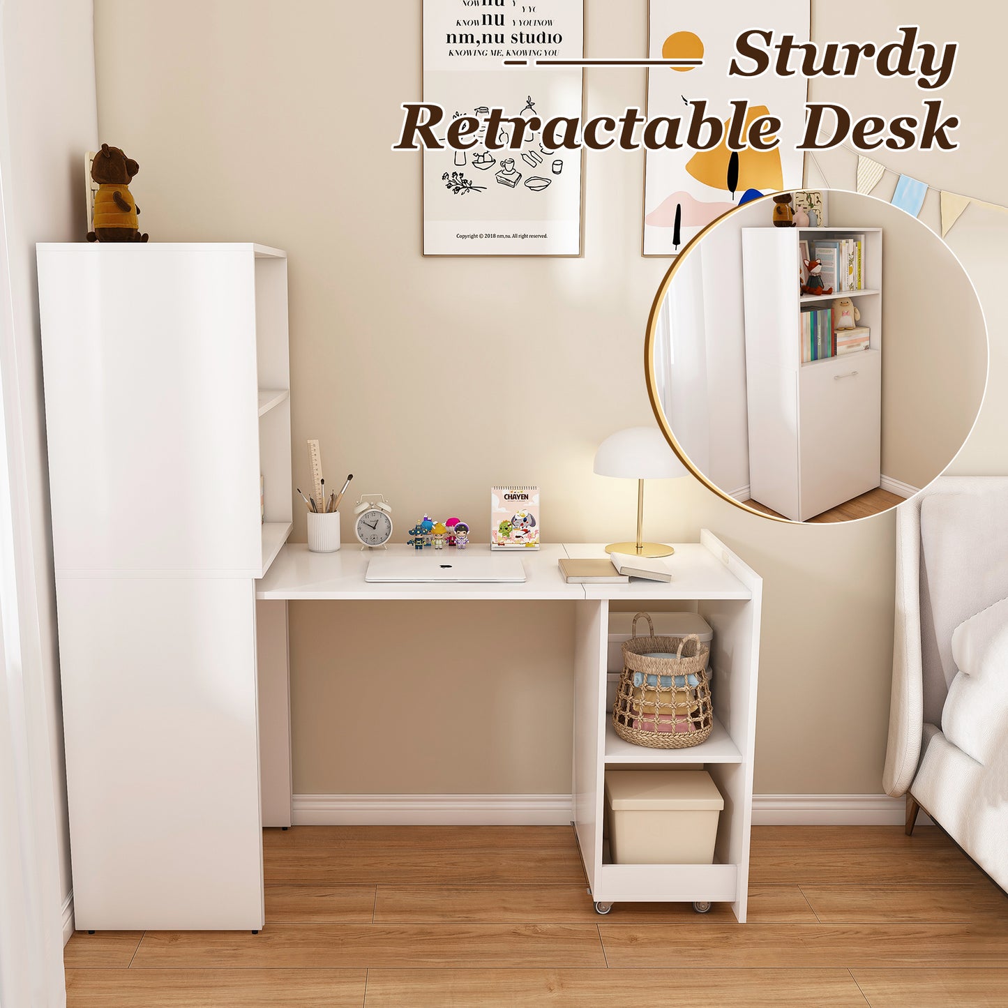 Stretchable Desk  Office Desk With Storage Shelves And Mobile Wheels  Foldable Desk Suitable For Small Apartments And Offices  White