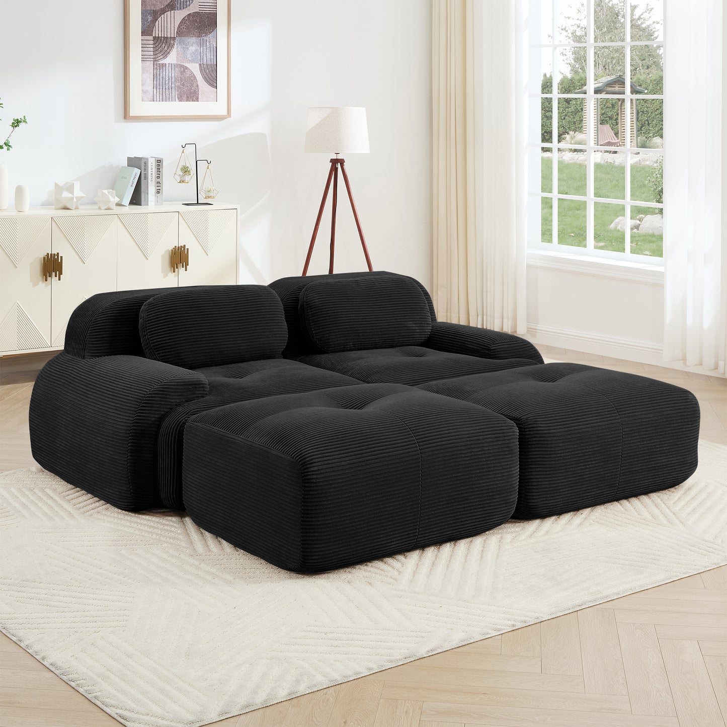 2-seat Sofa In Luxury Corduroy Fabric Fabric Modular Multi-combination Anti-slip Design Assembly Chaise Lounge Curved Armrests Ergonomic Support High-resilience Sponge For Living Rooms Bedrooms,Black