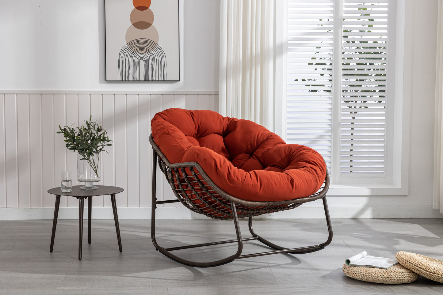 Outdoor Rattan Rocking Chair,Padded Cushion Rocker Recliner Chair Outdoor For Front Porch, Living Room, Patio, Garden, Orange
