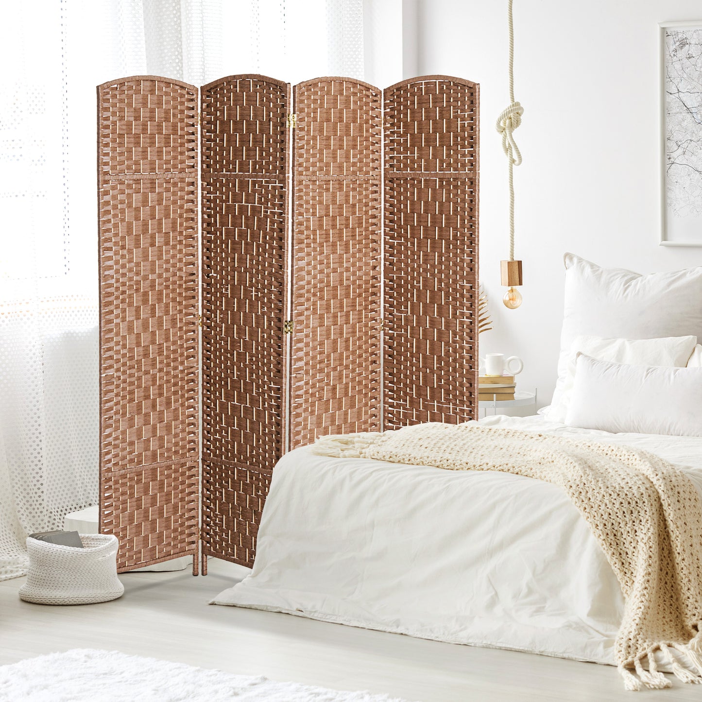 Room Divider, 4 Panel Folding Privacy Screen, 6FT Tall Portable Wicker Weave Partition Wall Divider For Bedroom, Home Office, Natural