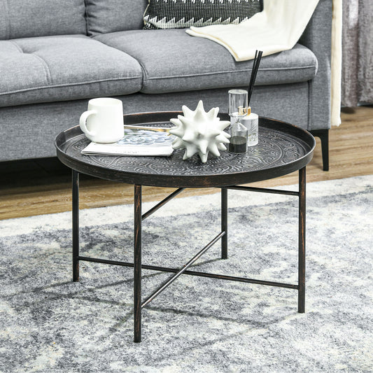 Coffee Table For Living Room, 24" Round Center Table With Hammered Tray Top And Metal Frame For Bedroom, Pewter