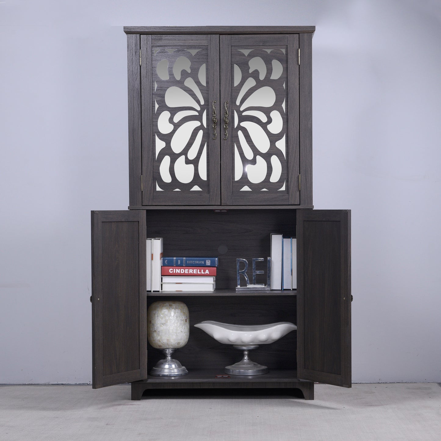 Display Sideboard Buffet With 4 Acrylic Mirrored Doors, Adjustable Shelves Storage Cabinet For Kitchen, Living Room, Bedroom Cabinet, MDF Dark Brown Finish
