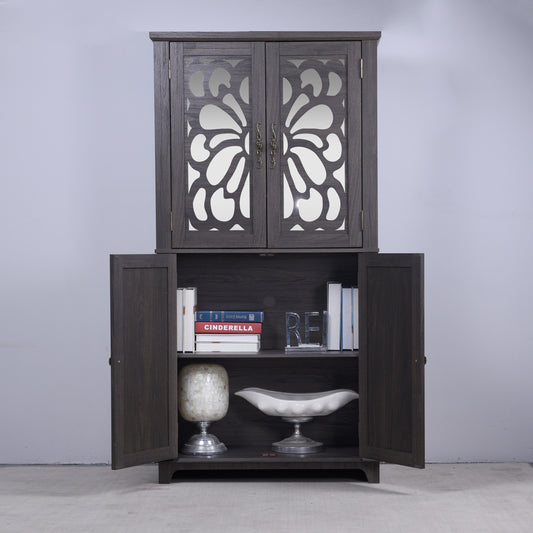 Display Sideboard Buffet With 4 Acrylic Mirrored Doors, Adjustable Shelves Storage Cabinet For Kitchen, Living Room, Bedroom Cabinet, MDF Dark Brown Finish