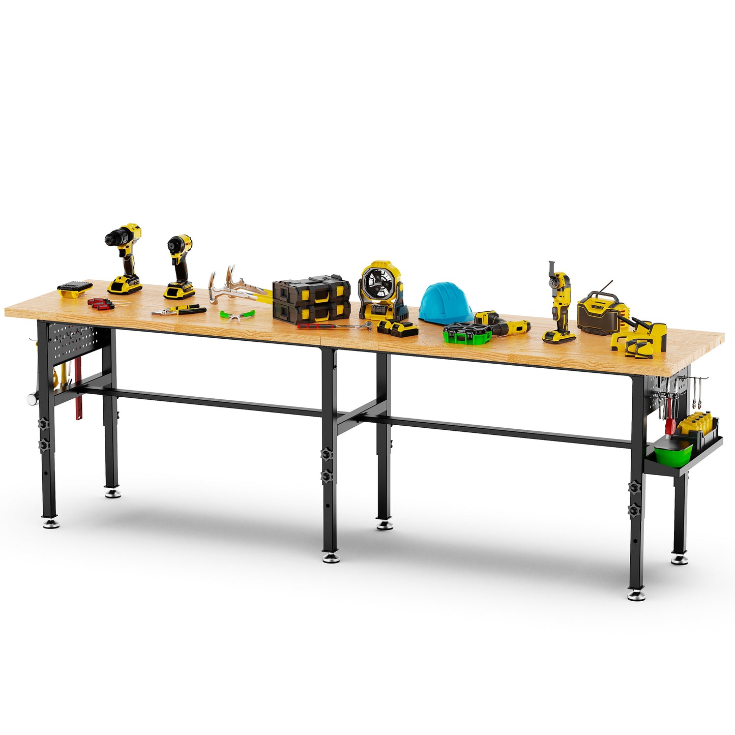 96in Adjustable Workbench With Side Pegboard, Solid Wood Top, 2000 Lbs Capacity, Adjustable Height Garage Work Table With Power Outlet, Storage Box, Wheels Or Leveling Feet