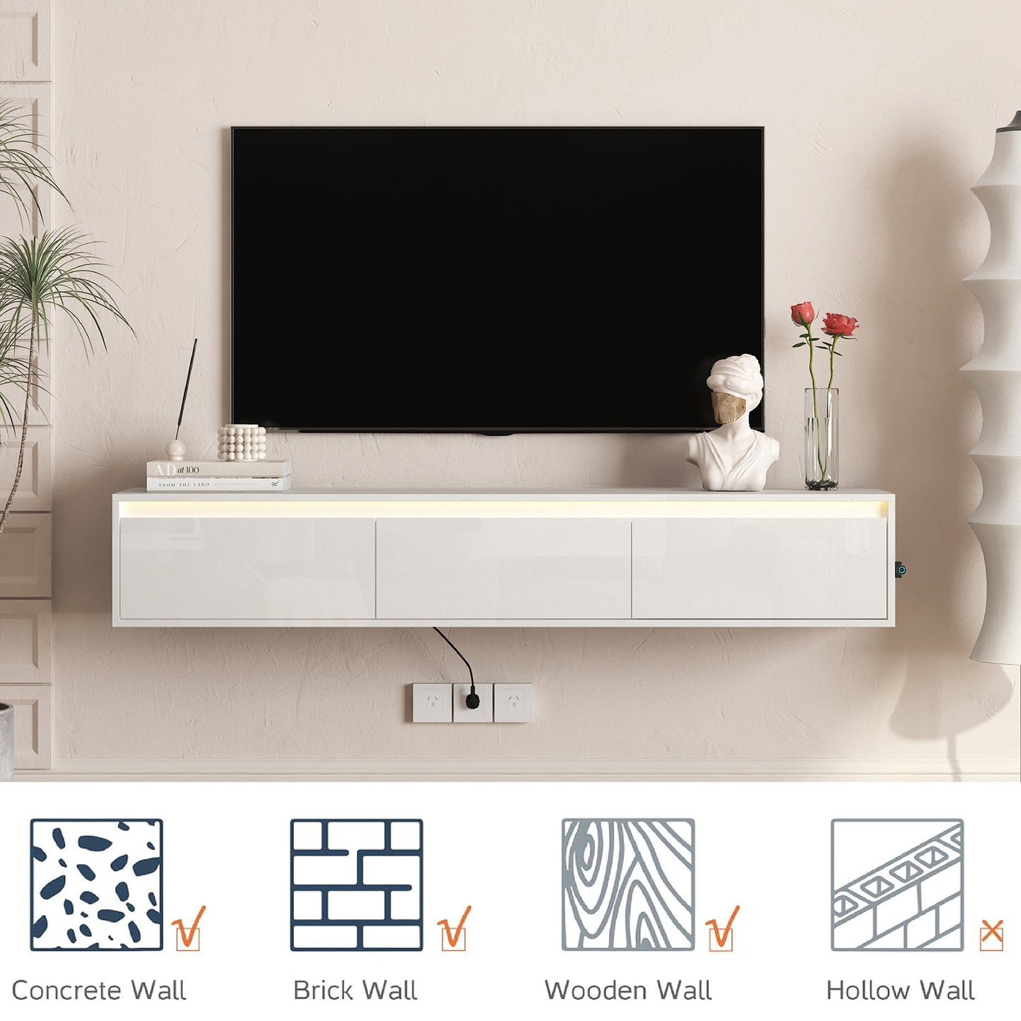 High-gloss Suspended TV Cabinet. Wall Mounted TV Shelf With Led Lights & Power Outlet,H Cabinet For  White Tv Stands For Living Room