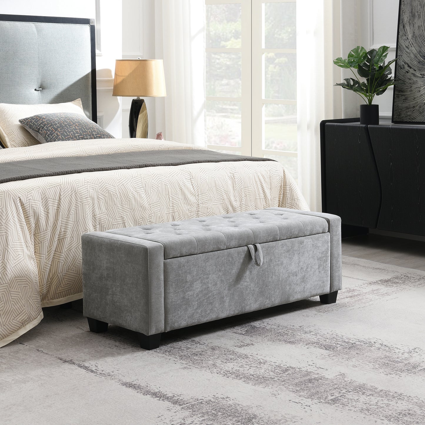 48  Ottoman With Storage, Storage Ottoman Bench With Safety Hinge, Upholstered Entryway Bench With Seating For Bedroom, Living Room, Hold Up To 350 Lb, Light Grey