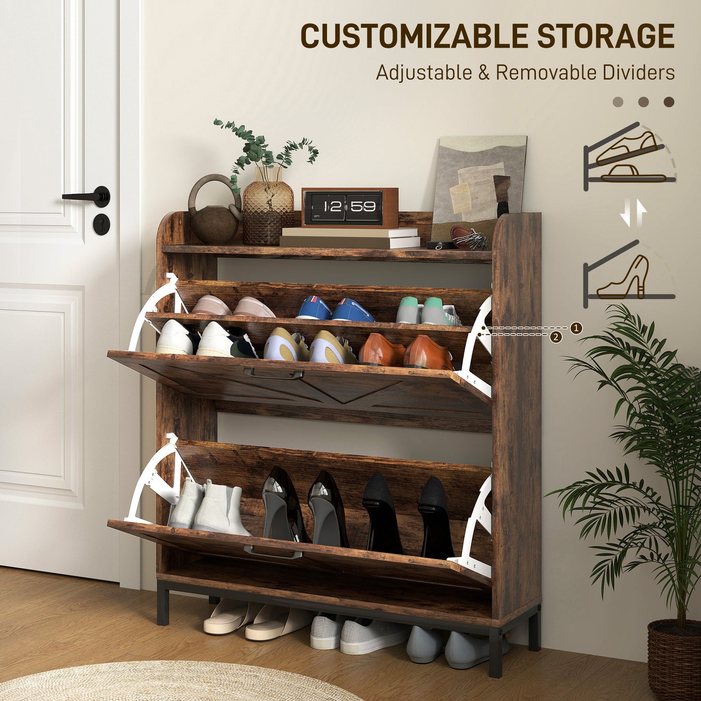 Shoe Cabinet Organizer With 2 Flip Drawers, Legs, Narrow Shoe Storage Cabinet For Entryway, Hallway, Rustic Brown