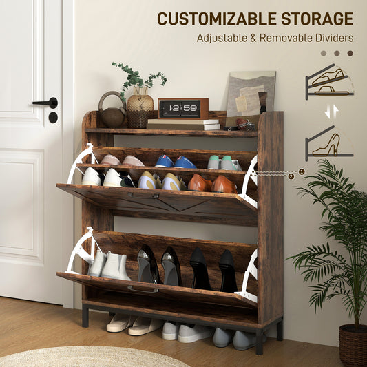 Shoe Cabinet Organizer With 2 Flip Drawers, Legs, Narrow Shoe Storage Cabinet For Entryway, Hallway, Rustic Brown