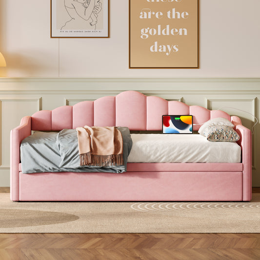 Upholstered Twin Size Daybed With Adjustable Height Pop Up Trundle Twin Bed And USB & Type-C Charging Port, Day Bed Frame With 2 Side Pockets, No Box-Spring Needed, Pink Old SKU N733S285118H