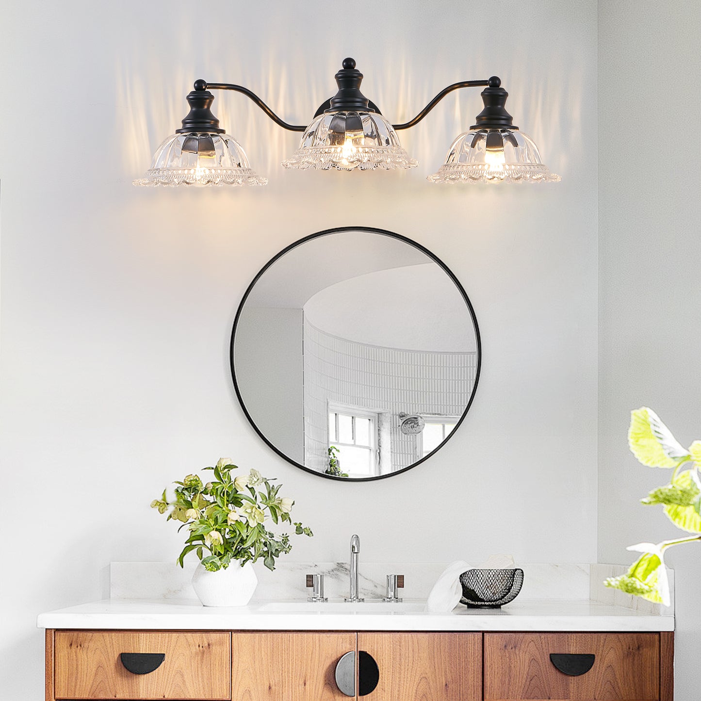 24 Inch 3-Light Vintage Bathroom Wall Sconce Elegant Black Metal And Glass Lampshade Vanity Light Fixture For Bathroom, Hallway, Or Bedroom Bulb Not Included