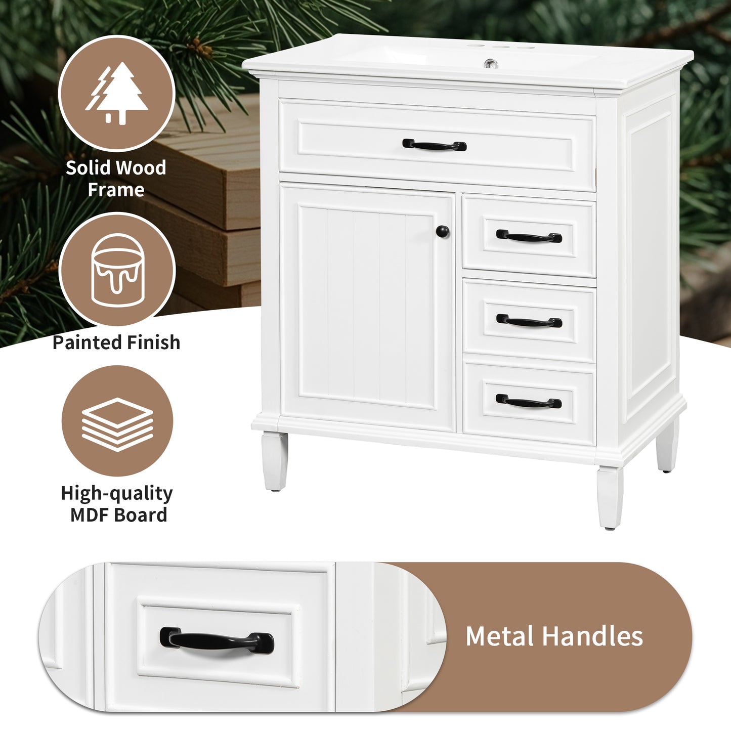30 Inch Bathroom Vanity With Ceramic Sink Top, Solid Wood Frame, MDF & Pine Cabinet, Flip Drawers, Adjustable Shelf, And Zinc Alloy Handles, Freestanding Storage Cabinet  Faucet Not Included