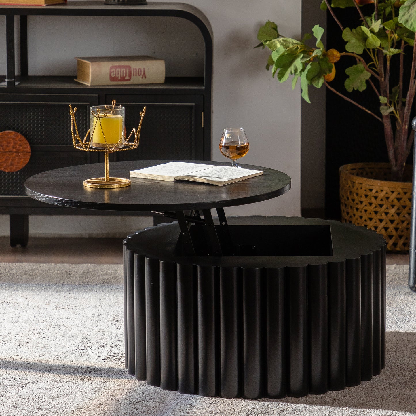 Round Coffee Table With Lift Handcrafted Relief Sturdy Pedestal Wooden Tea Table For Living Room No Need To Assemble
