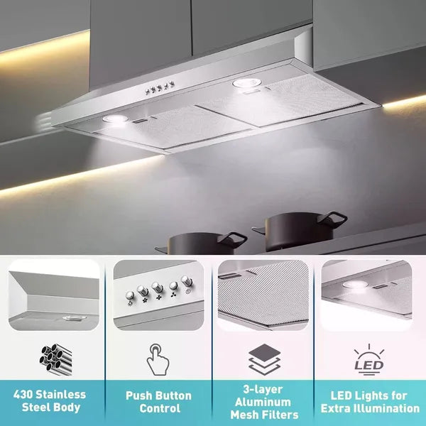 30 Inch Kitchen Under Cabinet Range Hood 500 CFM Stainless Steel 3-Speed