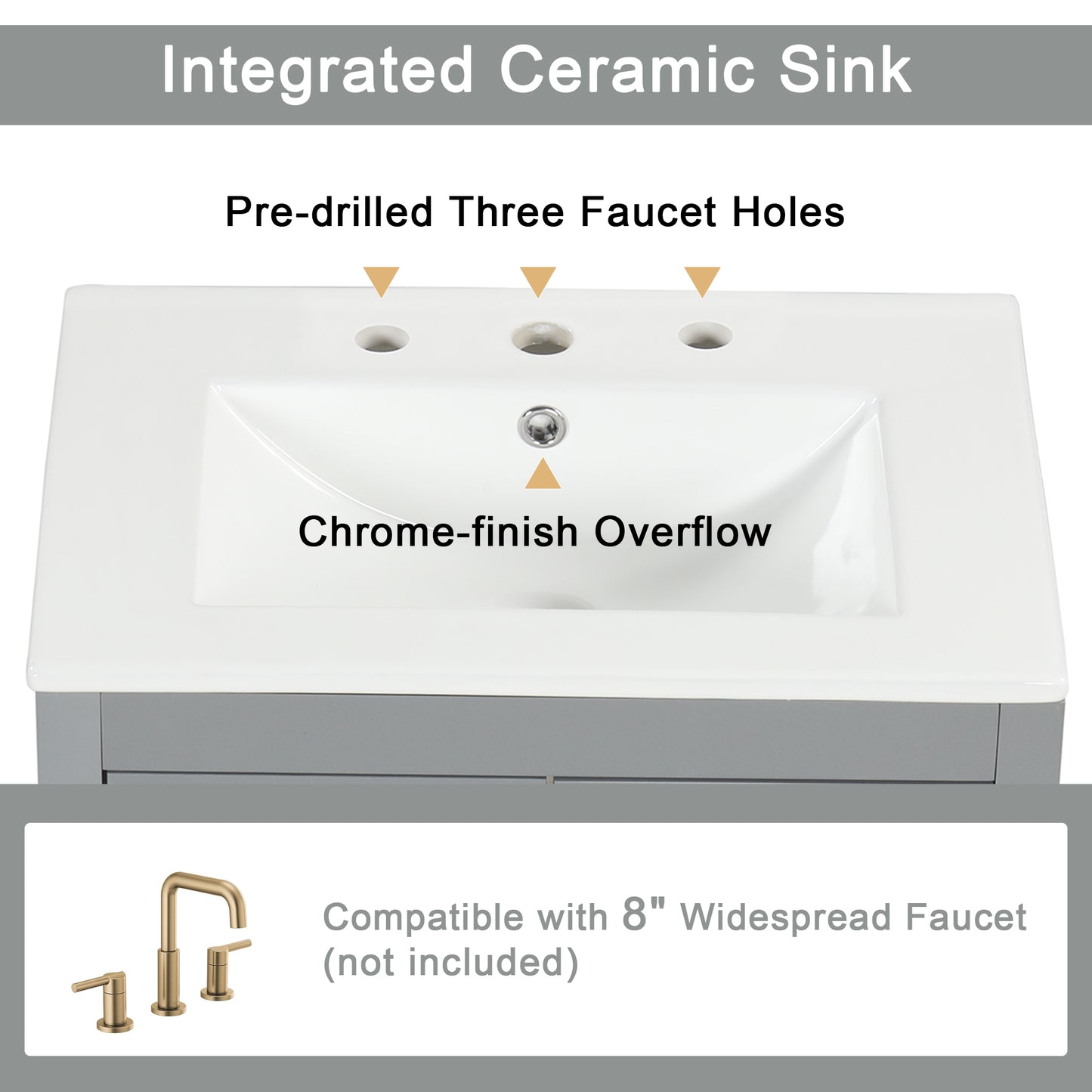 24  Bathroom Vanity With Sink, Bathroom Vanity Cabinet With Two Drawers And Door, Adjustable Shelf, Solid Wood And MDF, Grey