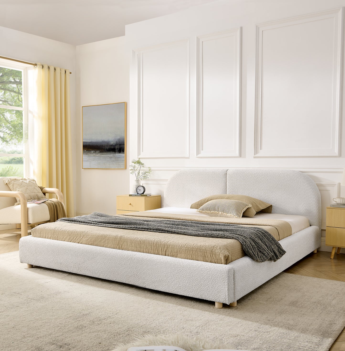 Queen Size Upholstered Bed Frame, Modern Minimalist Style With Tall Curved Headboard, Premium Circle Yarn Fabric & Sturdy Leg Support, Mattress Not Included-Beige