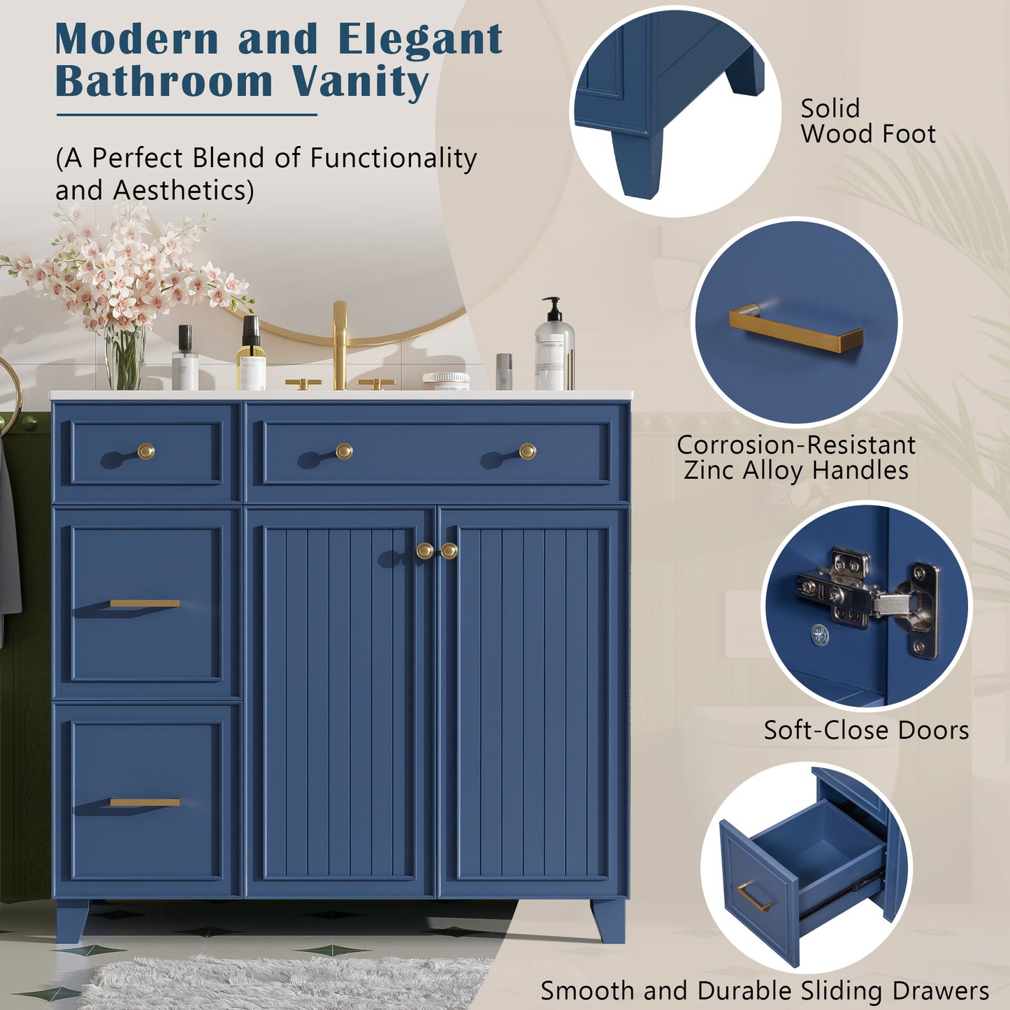 36  Bathroom Vanity With Ceramic Sink, Standard And Double-Layer Drawers, Soft Close Doors, Adjustable Shelves, Modern Storage Cabinet For Small And Medium Bathrooms