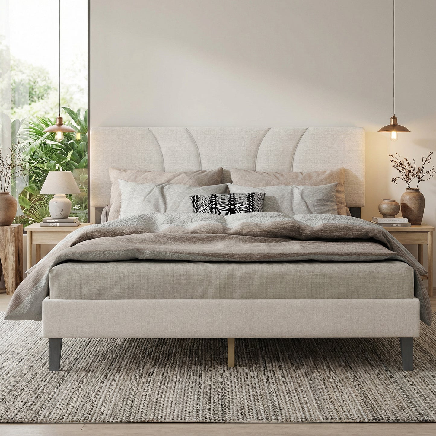 Full Size Platform Bed Frame With Adjustable Fabric Upholstered Headboard And Wooden Slats Support Fully Upholstered Mattress Foundation No Box Spring Needed Easy Assembly Beige