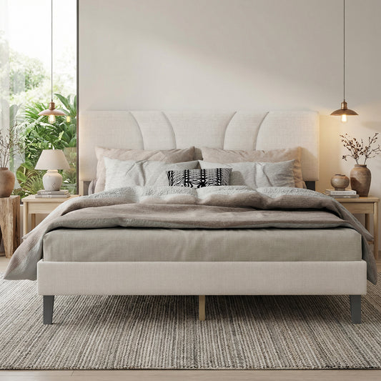 Full Size Platform Bed Frame With Adjustable Fabric Upholstered Headboard And Wooden Slats Support Fully Upholstered Mattress Foundation No Box Spring Needed Easy Assembly Beige