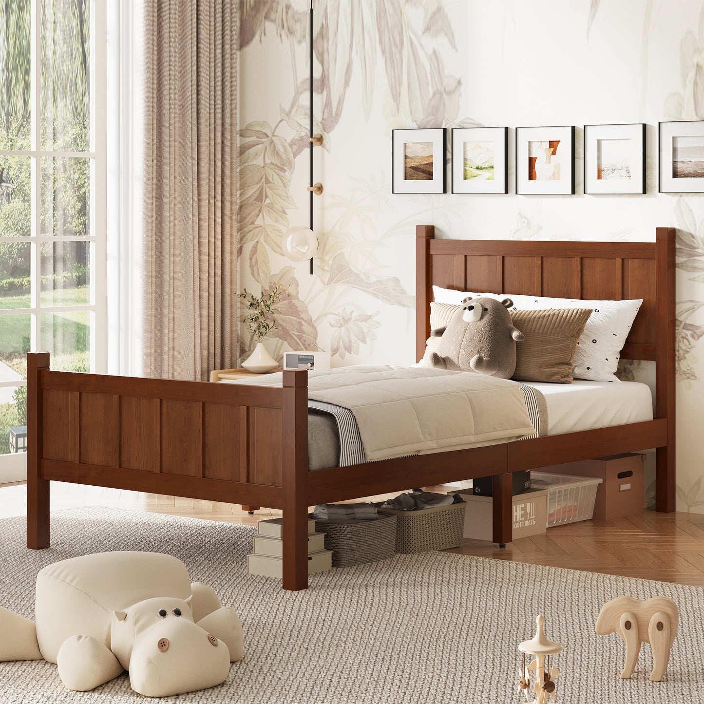 Twin Size Flat Panel Bed With Headboard & Footboard, Minimalist Modern Platform Bed With Wood Grain Finish, Shaker And Farmhouse Style Design, Sleek And Functional Bedroom Furniture,Dark Walnut