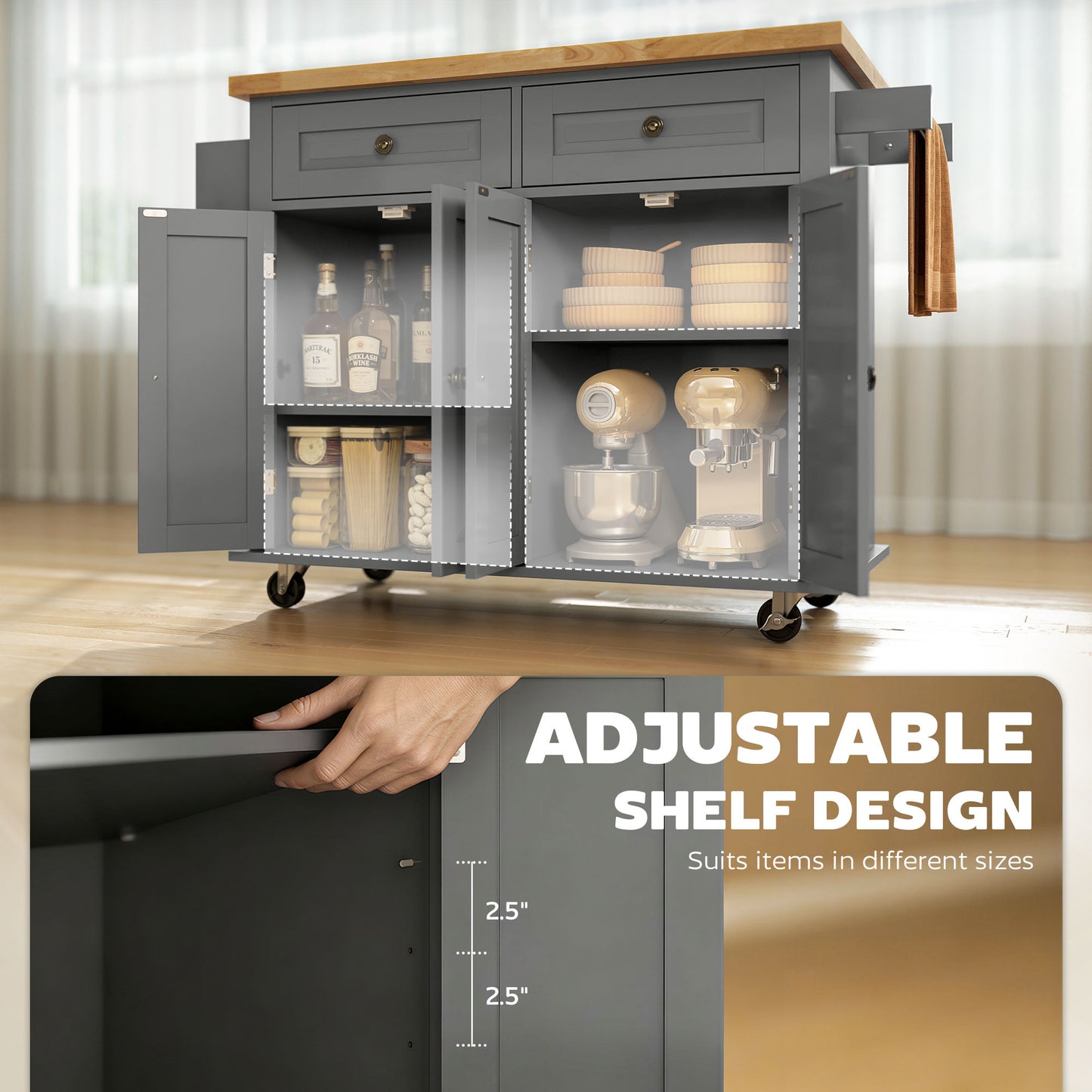 Kitchen Island Cart With Rubber Wood Top, Rolling Kitchen Island Table On Wheels With Drawers, Adjustable Shelves, Spice Rack And Towel Rack For Dining Room, Gray