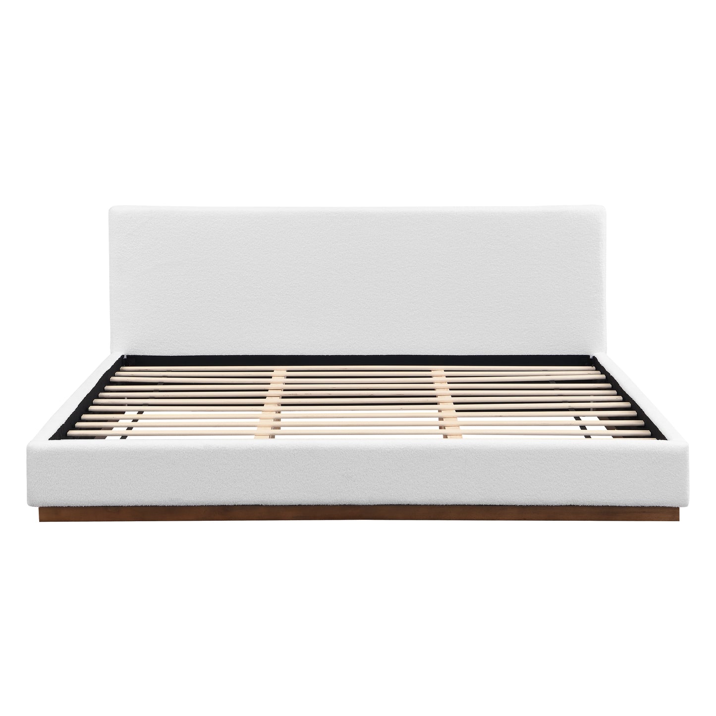 Elegant White Fabric Upholstered Bed With Nice Wood Grain Textured Solid Wood Base Frame,White,King