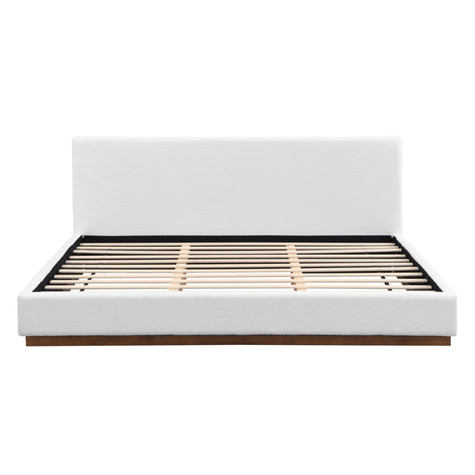 Elegant White Fabric Upholstered Bed With Nice Wood Grain Textured Solid Wood Base Frame,White,King