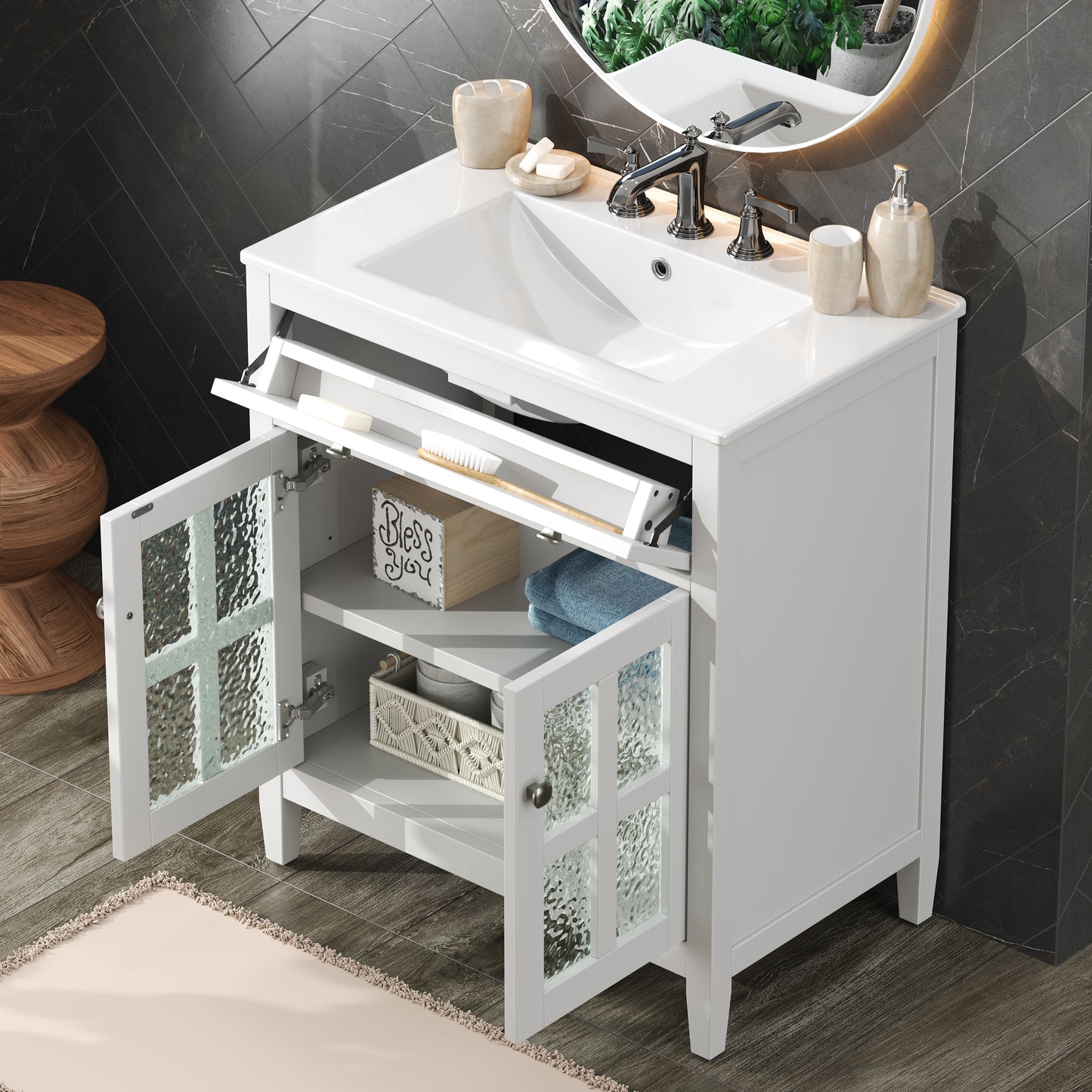 30  Bathroom Vanity With Ceramic Sink, Equipped With Adjustable Shelf And Tip-Out Tray, Bathroom Vanity With Solid Wood Legs, Silver Metal Knobs And Soft Close Hinges, White