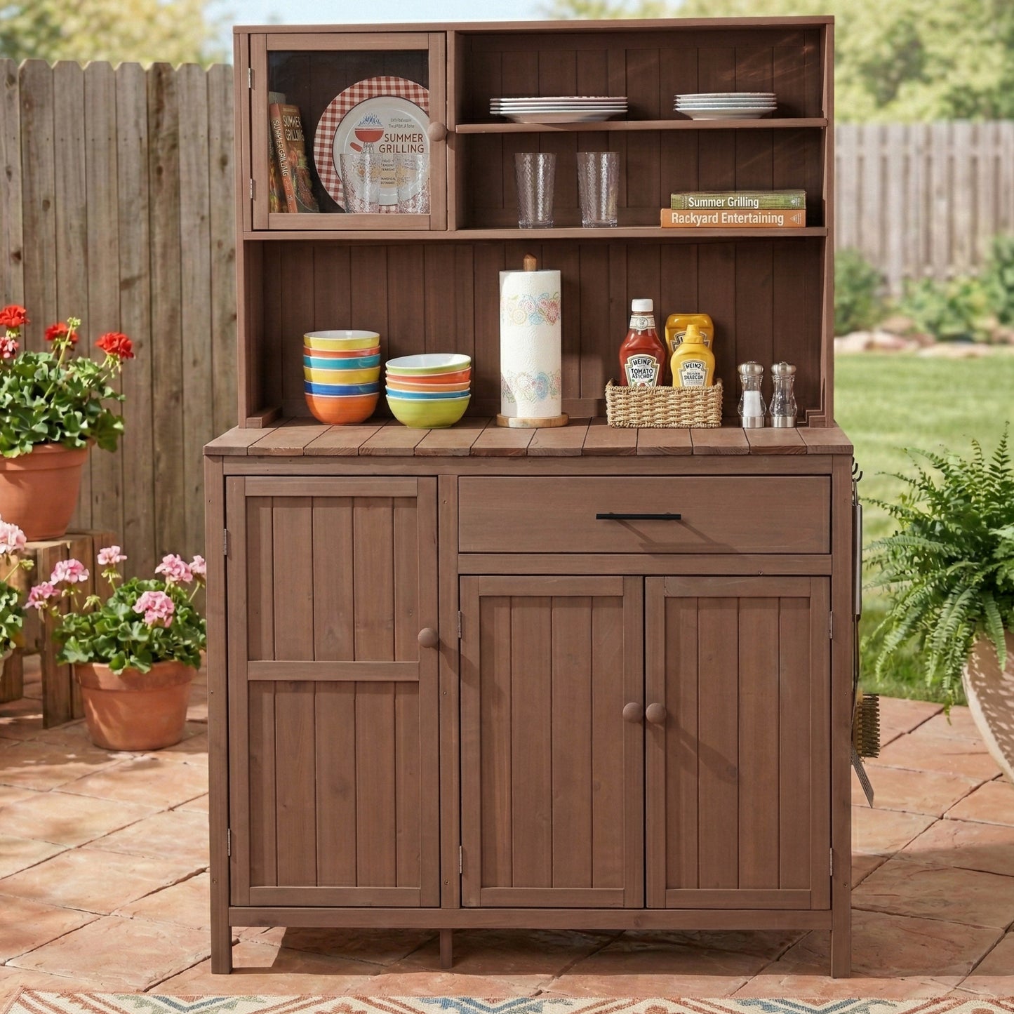With Assembly Video  TOPAMx Potting Bench With Hutch  65  H Solid Fir Wood Garden Workstation  Large Countertop  Patio Kitchen Island With Adjustable Shelves  Spice Rack  Side Hook And Drawer  Brown