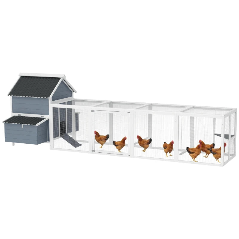 156Extra Large Wooden Chicken Coop With 2 Nesting Box, Run Cage, Waterproof Wave Roof, For 10-15 Chickens, Light Gray