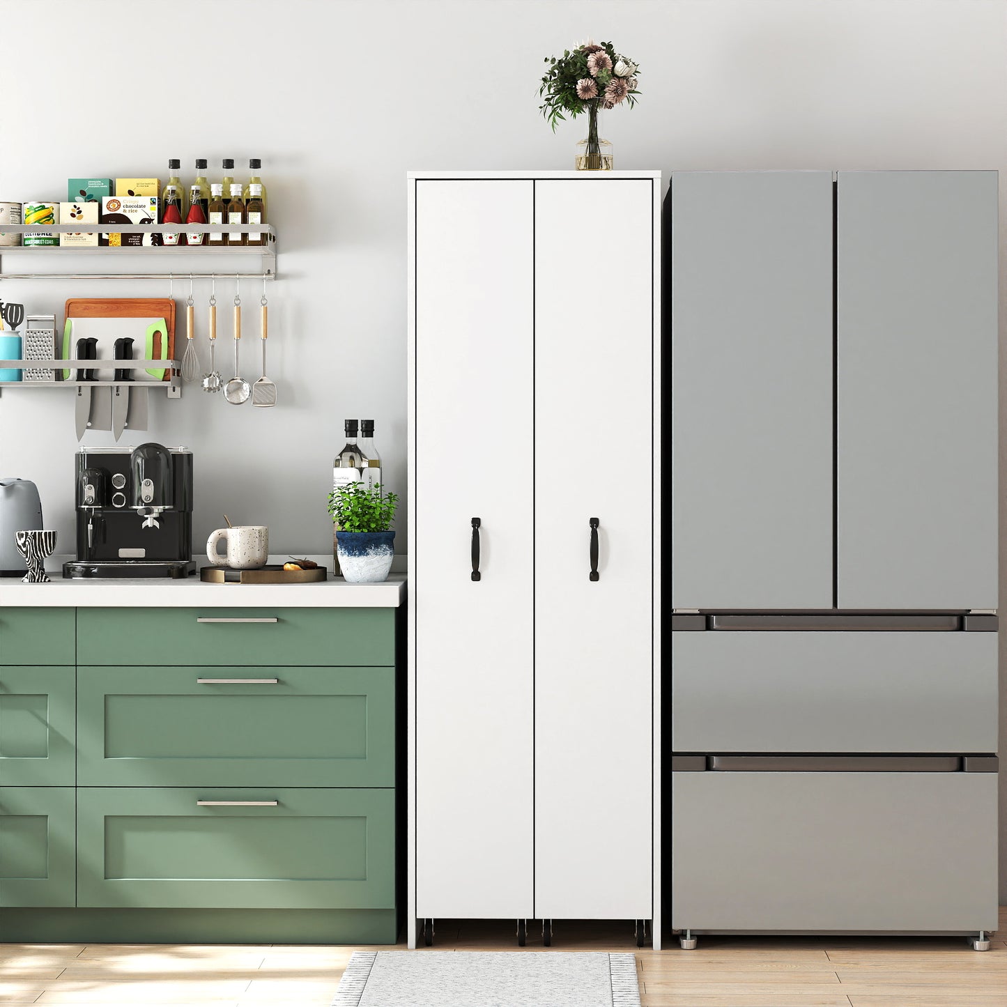 Bookcase With Two Pulled Out Doors Shelving Cabinet,4 Tier Floor Standing Bookcase,Slide Out Storage Bookcase File Cabinet,Office Bedroom Living Room Hidden Storage Cabinet With Wheels