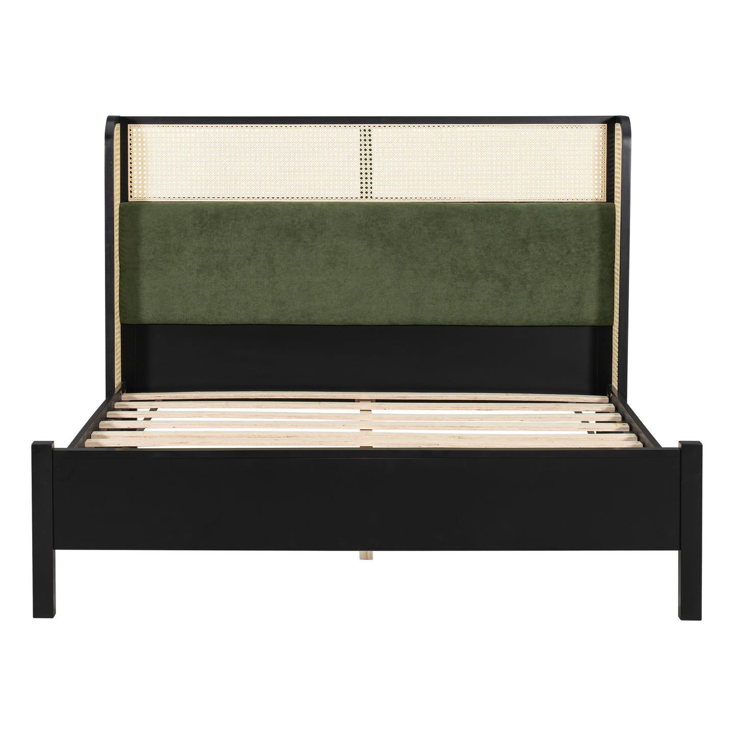 Queen Size Bed Frame With Green Headboard, Black With Green Solid Wood  Bed, No Box Spring Required, Modern Bedroom Furniture