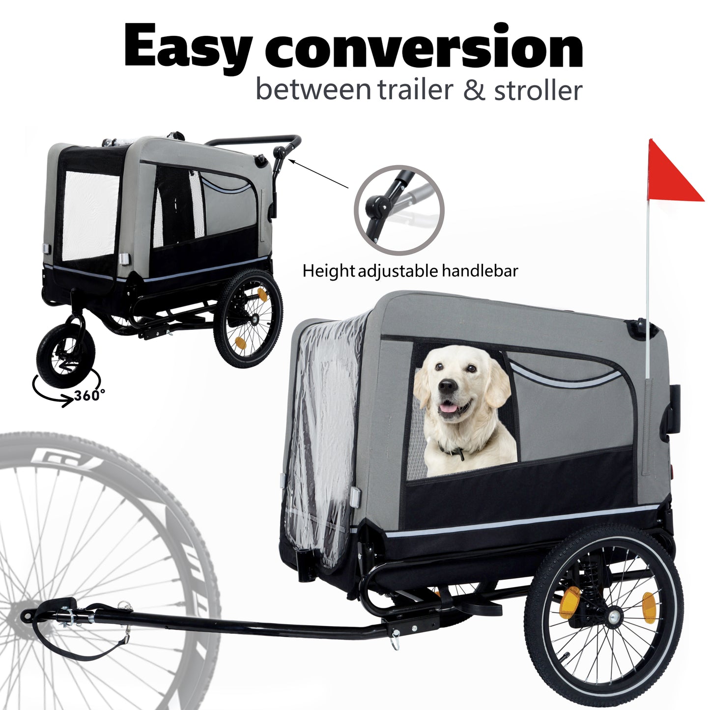 Extra Large 2-in-1 Bike Trailer & Push Cart For Pets - Detachable Bike Hitch & Push Handle Included - All-Terrain Wheels Quick Release, Non-Slip Floor, Internal Leash,  Up To 88 Lbs, Black- Grey