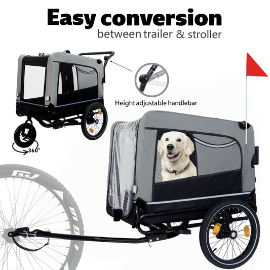 Extra Large 2-in-1 Bike Trailer & Push Cart For Pets - Detachable Bike Hitch & Push Handle Included - All-Terrain Wheels Quick Release, Non-Slip Floor, Internal Leash,  Up To 88 Lbs, Black- Grey