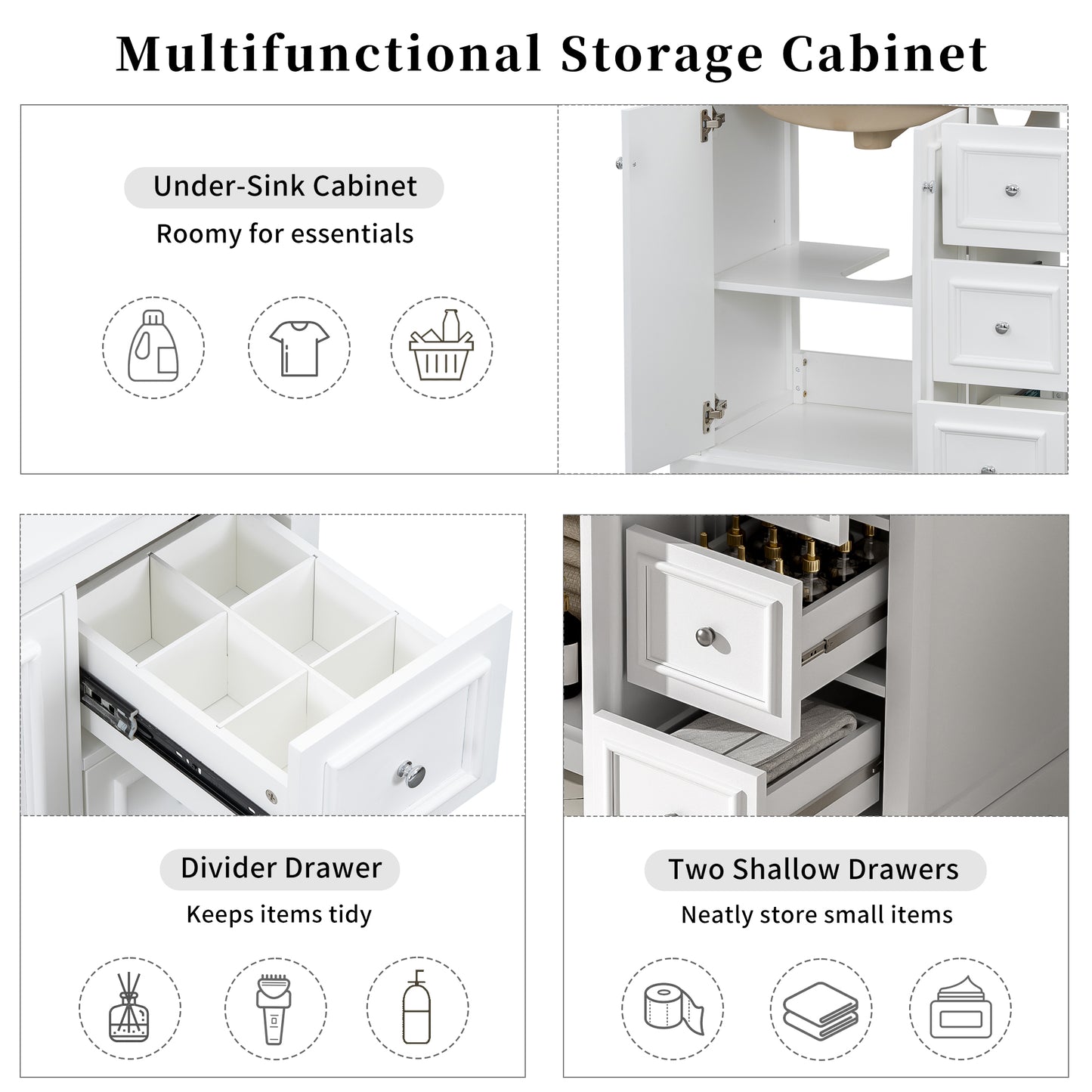 36'' Transitional Bathroom Vanity With Ceramic Sink -Features 2 Soft-close Doors, An Adjustable U-shaped Shelf, 3 Drawers  Including One With Divider , Painted Finish, And Ample Storage Space