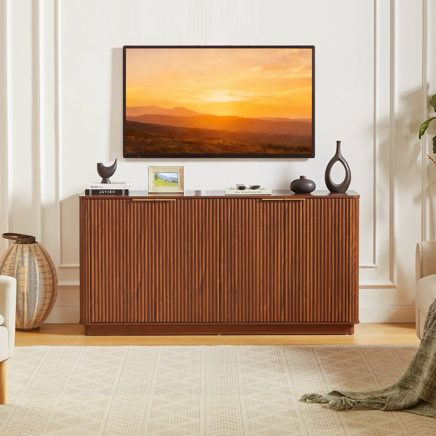 63  Vertical Stripe Buffet Cabinet Sideboard With Stoarge, Curved Wave Design, TV Stand, For Bedroom, Living Room, Hallway, Walnut,63 W X 15.75 D X 31.5 H.