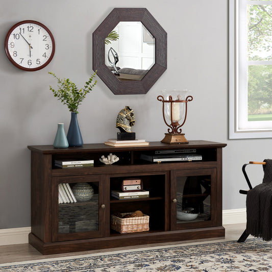 Modern TV Stand For Up To 65 Inch TVs, Entertainment Center Farmhouse TV Cabinet Media Console Table With Glass Doors For Living Room, Brown 60 W X15.75 Dx29 H