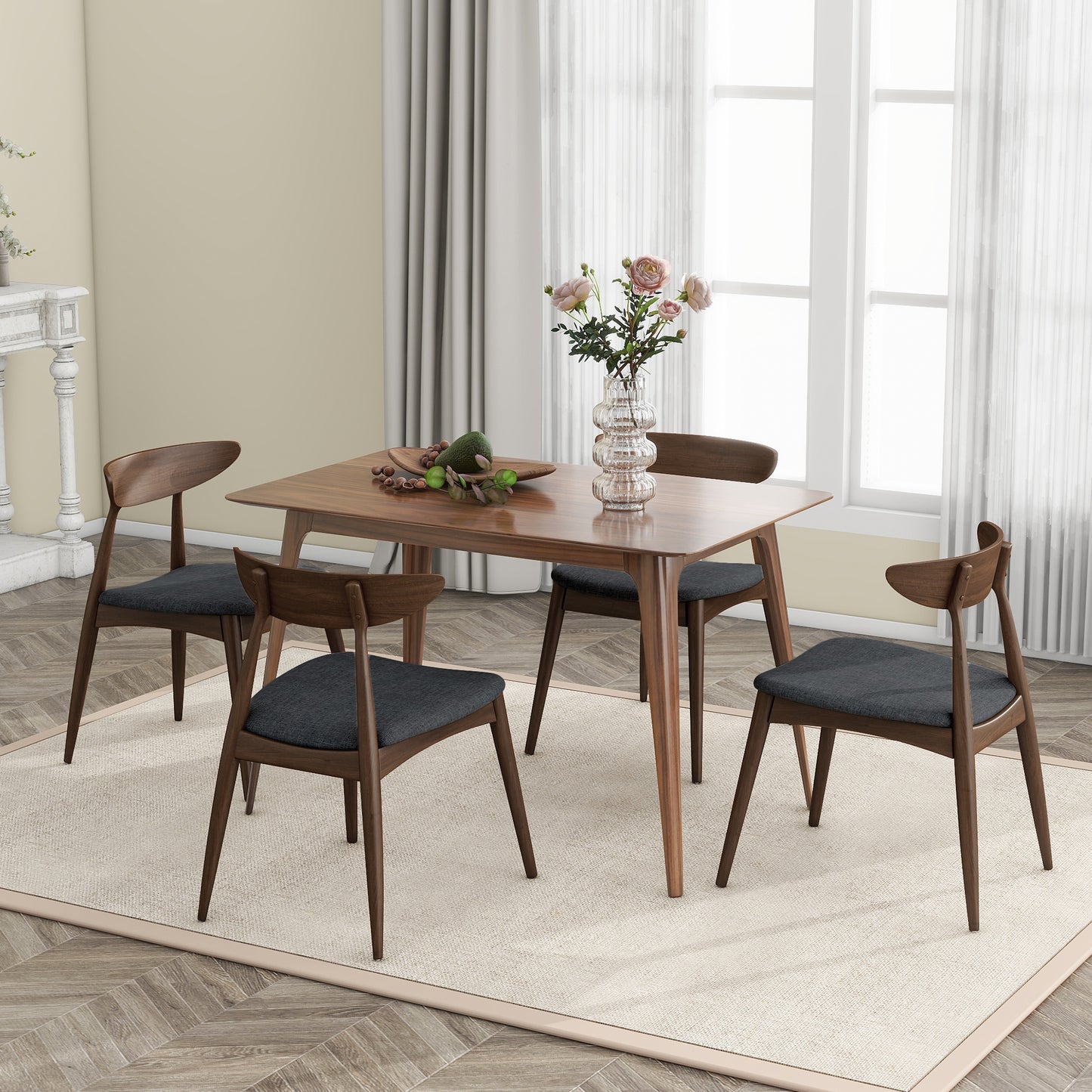 Set Of 2 Retro Rubberwood Chairs With Ergonomic Back & Plush Cushions, Walnut-Charcoal