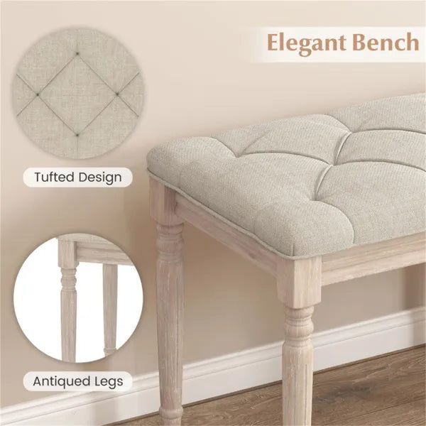 Beige 47.5" Rubber Wood Upholstered Bench With Button-Tufted Seat, 440 Lbs Capacity Retro Entryway Bedroom Bench