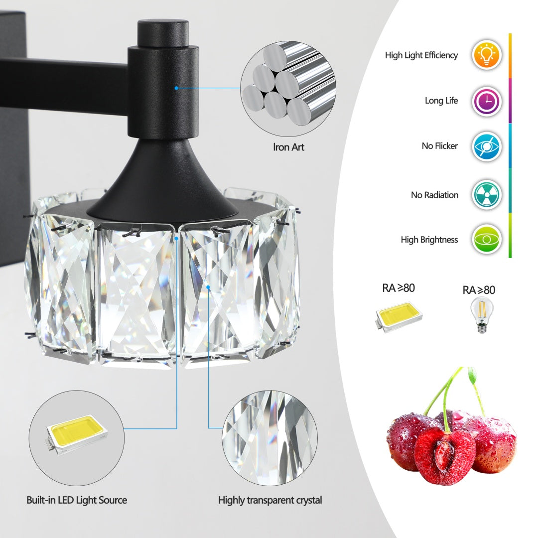 Modern 4-Light Matte Black LED Vanity Light Fixture With Crystal Glass Shades, Bathroom Wall Sconce For Elegant And Contemporary Home Decor