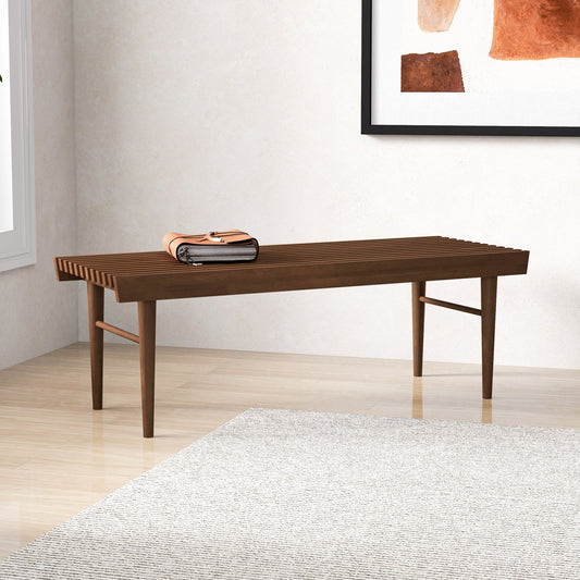 Mia Mid Century Modern Solid Wood Bench With Natural Walnut Stain Finish 15.5     H X 47.2     W X 18.1     D  For Living Room, Hallway, Bedroom, Bathroom