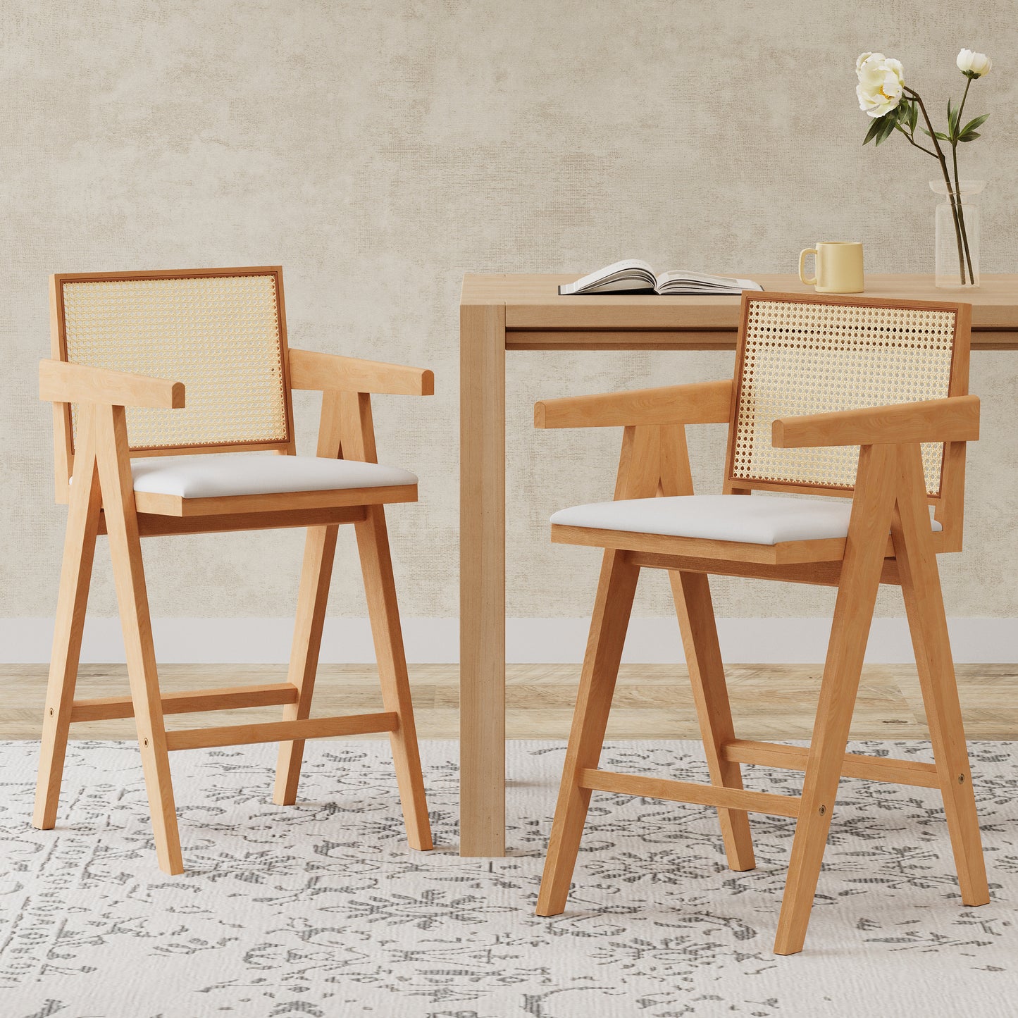 27 Height, Cream Woven Cane Plastic Backrest Bar Stool - Foam-Padded Fabric Seat & Durable Rubberwood Frame