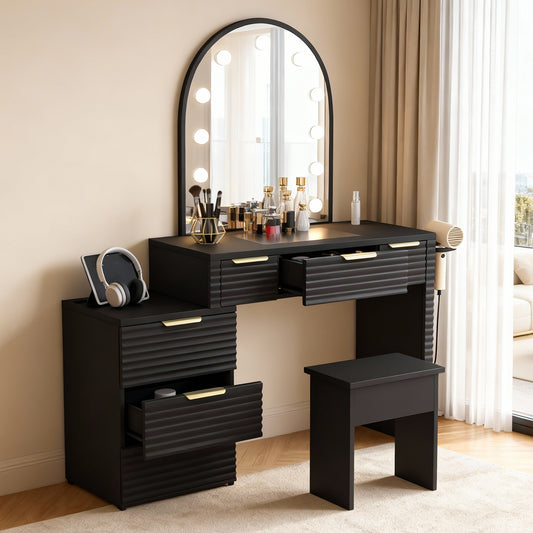 Makeup Vanity Desk With Mirror Lights Glass Tabletop Vanity Table Modern Makeup Desk With Drawers For Bedroom Black US Plug