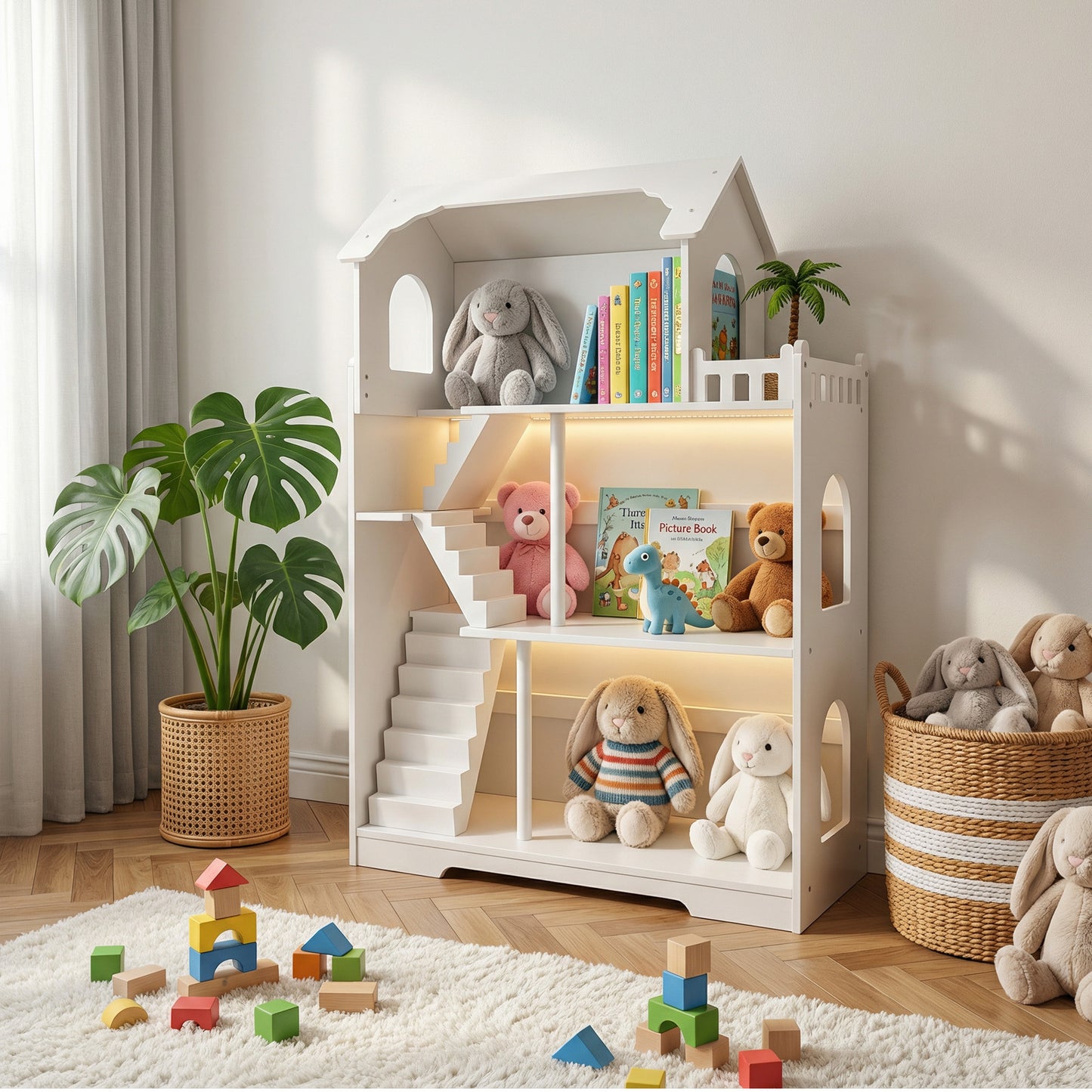 Wooden Dollhouse Bookshelf 3 Tier Kids Dollhouse Bookcase For Children Above 3 Years Old Role Playing